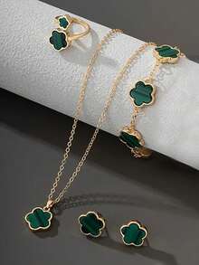 新款时尚幸运五叶草项链手链耳钉戒指时尚饰品 - 綠色 - 查看 2