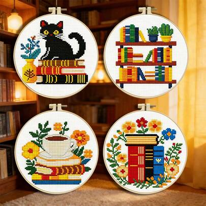 11CT Cross Stitch Kit - Cat Coffee Theme, DIY Printed Cross Stitch Supplies With Embroidery Hoop, Threads, Needles And Instructions, Suitable For Beginners And Adults, Home Wall Decor