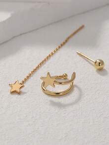 Nooxian 1 Set de Aretes con Cadena de Estrella Dorada + Brazalete de Estrella + Aretes de Bola Dorada de 3 piezas, Diseño de Nicho con Aretes Superpuestos, Estilo Dulce y Fresco, Combinación Versátil de Accesorios - Amarillo Oro - Ver 2