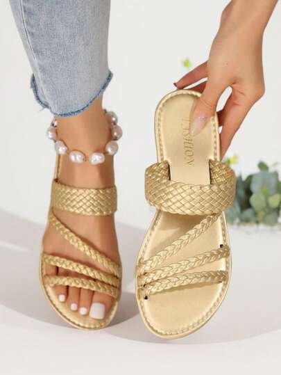 Women's Summer Flat Sandals, Woven Strap Slippers, Daily Home Flat Slippers, New Gold Color Flat Sandals For Women, Summer Beach Shoes