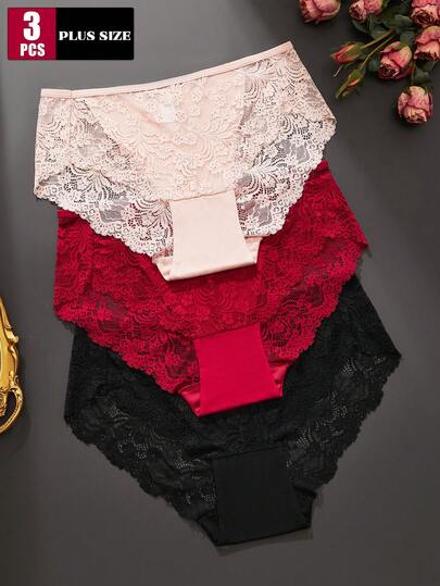 3pcs Plus Size Solid Color Lace Patchwork Bikini Briefs