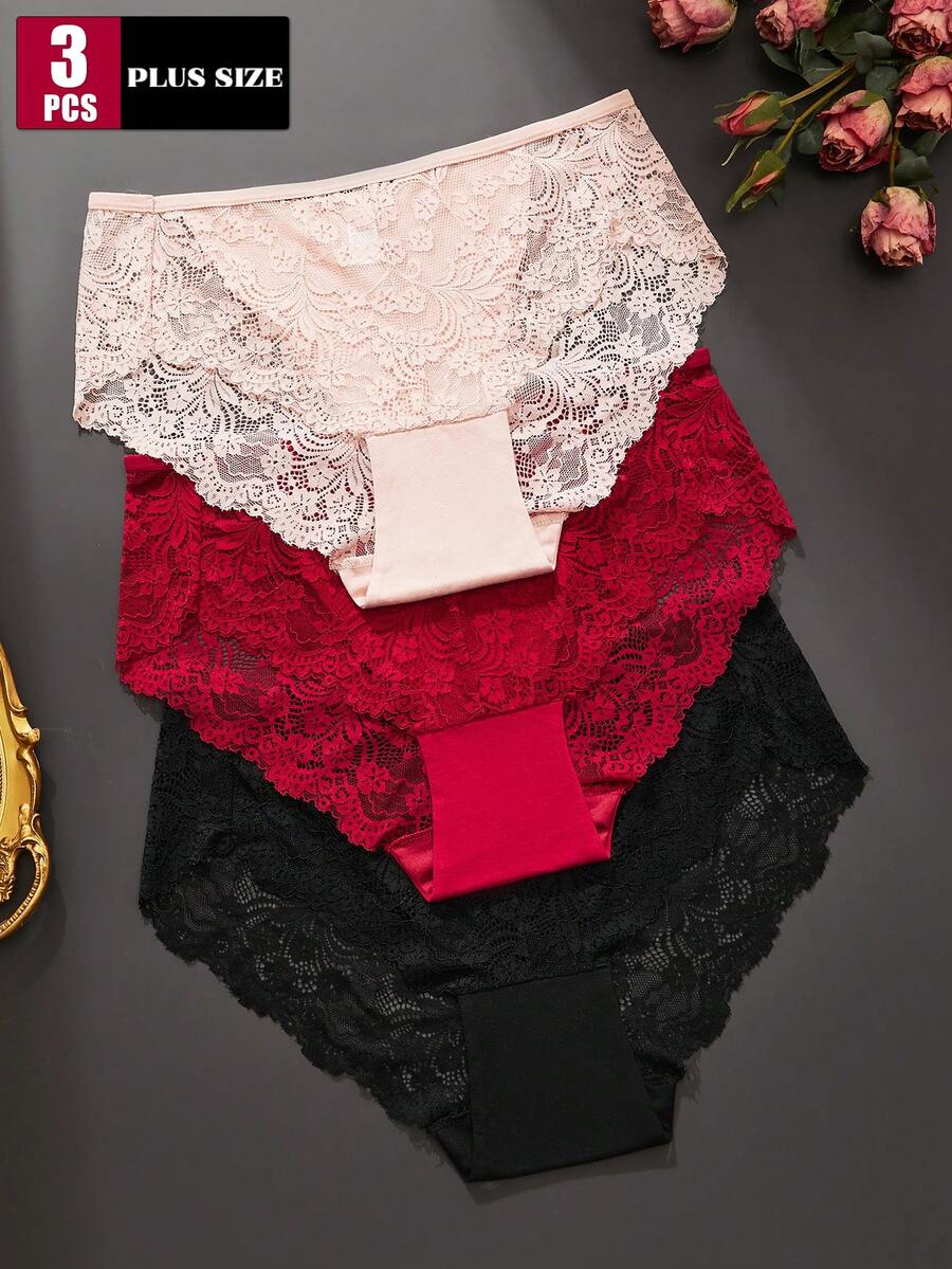 3pcs Plus Size Solid Color Lace Patchwork Bikini Briefs - Multicolor - View 1