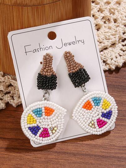 1 Pair Colorful Palette Rice Bead Pearl Ear Pendants - Hand-Strung "Palette & Paintbrush" Design Accented With Rhinestones, Fun Exquisite Niche Creative Accessories, For Artistic Outfits, Back-To-School Season, Art Theme Creative Styling