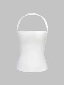 XLLAIS Sexy Open Back Knit Camisole White Crop Top, Stretchy Casual Fitted Women's Sleeveless Tank Top, Back To School Season Summer - White - View 6