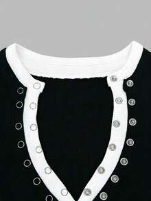 Áo thun dài tay dáng rộng thoải mái 2 trong 1 dành cho nữ, chất liệu co giãn, phối màu tương phản, phù hợp cho mùa xuân/hè, ngày Valentine và các buổi hẹn hò. Màu đen. - màu đen - Xem 5