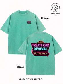 2026Men'S Summer T-Shirt -Treaty Oak Revival No Vacancy, Reversible Print Design, Retro Street Style, Round Neck, Short Sleeve, 230g Washed Cotton, Suitable For Everyday Casual, Door Wear,White Tops,Valentines Day Outfit,Mardi Gras,Summer Tops,  For Women,Valentine Outfits For Women,Women Tops,Fairycore,Superbowl,Trajes Elegantes De Mujer - 黑色 - 查看 11
