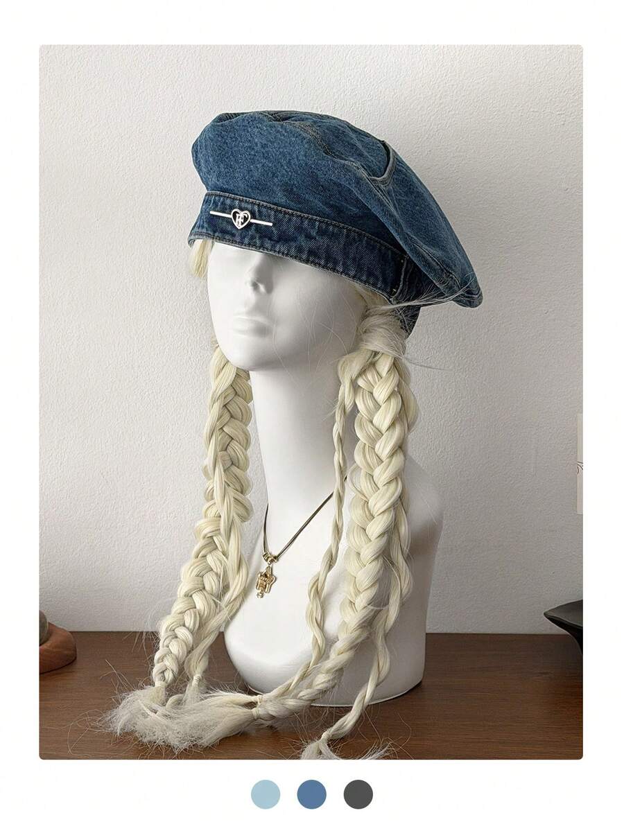 女士心形金属Logo水洗牛仔贝雷帽，Y2K风格百搭小众艺术画家帽，轻便遮阳帽，适合春夏户外活动，街头风贝雷帽
