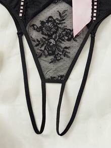 女士黑色粉色透视蝴蝶结装饰性感连体衣内衣 - 黑色 - 查看 7