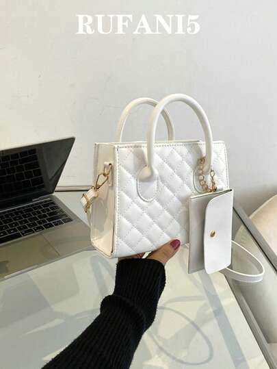  Quilted Pattern Square Bag With Purse Argyle Handbags With Coin Purse, Solid Color Crossbody Bag, Women's Small Satchel Bag , Women Bag With Dime Bag