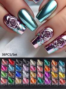 36 Pcs/Set Magic Mirror Powder Metal  Mirror Rubbing On Nail Glitter Pigment Luxury Parts Manicure Art Decorations Accessories - 彩色 - 查看 8