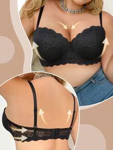 Women's Plus Size Black Lace Strapless Bra - Push Up, Breathable & Comfortable, Vacation Resort Wear - Black - View 6