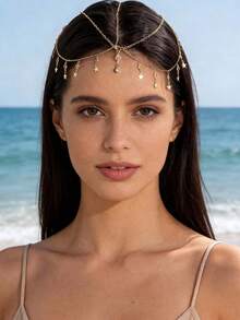 imoli 1pc Minimalist Alloy Star Tassel Chain Head Chain Piece, Female Accessory Gift For Formal Events (Handmade, Custom Length, Varying Number Of Disc Beads), Bride To Be, Hair Accessories For Women - 26336-2-g - View 3