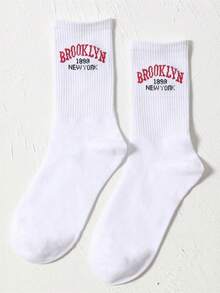 1双红色字母标语袜，1双男女通用简约风格白色袜子，适合日常穿着 - 彩色 - 查看 3