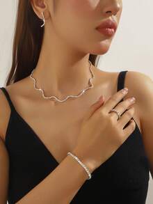 5pcs Set Rhinestone Embellished Necklace, Earrings, Bracelet And Ring, Versatile High-End Jewelry Set Suitable For Women's Daily Commute, Campus Dating, Wedding Party, Valentine's Day Holiday Gift - Silver - View 1