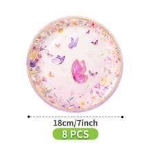 Blumen- & Schmetterlings-bedruckte Einweg-Teller, Servietten, Becher - Einmal-Party-Essentials-Set, geeignet für 8 Gäste, Einweg-Pappteller passend für Geburtstag, Hochzeit, Themenfest, Familien-Picknick - Verschiedenfarbig - Übersicht 8