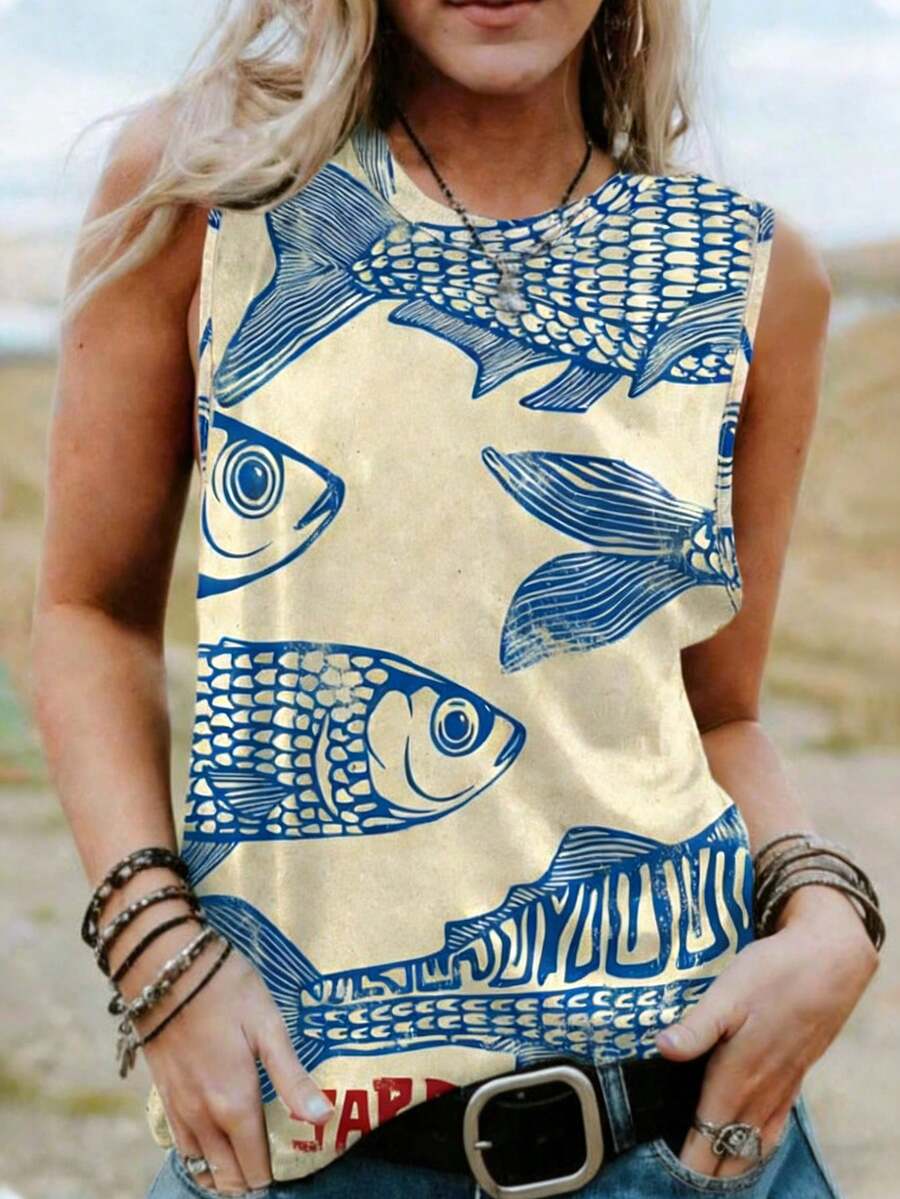 波西米亚海滩风女士热带鱼印花休闲圆领无袖上衣，适合春夏穿着 - 杏色 - 查看 1