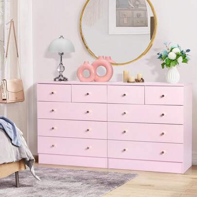 Macaron Pink 5 Drawer Dresser For Bedroom, Modern Wood Dresser Chest Of Drawers, Pink Bedroom Dressers Nightstand For Girls, Anti-Tipping Device, Rose Gold Metal Handle, Living Room, Hallway, Office