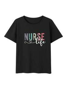 Camiseta de manga corta con cuello redondo para mujeres. Estilo casual, con diseño moderno y estampado, cómoda y transpirable. Ideal para hombres y mujeres, perfecta para parejas. Camiseta con estampado elegante de manga corta, también disponible en talla media-corta, cómoda y respirable. - Negro - Ver 2