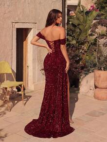 ADYCE Vestido largo de fiesta con hombros descubiertos, fruncido y abertura alta, adecuado para bailar, fiestas de cóctel, con lazos de cinta fluidos - Burdeos - Ver 2
