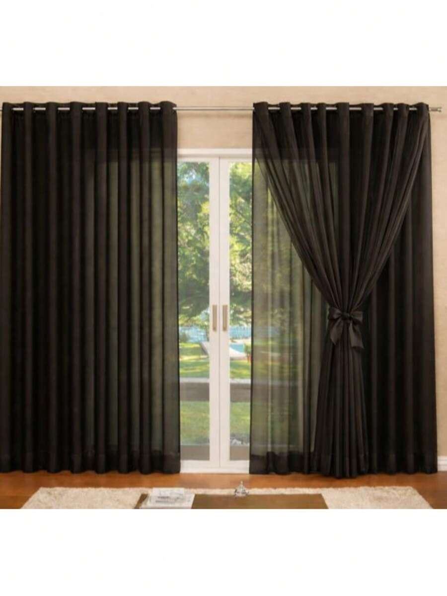 Long Curtain 3.00 X 2.80 Microfiber Lining With Voile - 黑色 - 查看 1
