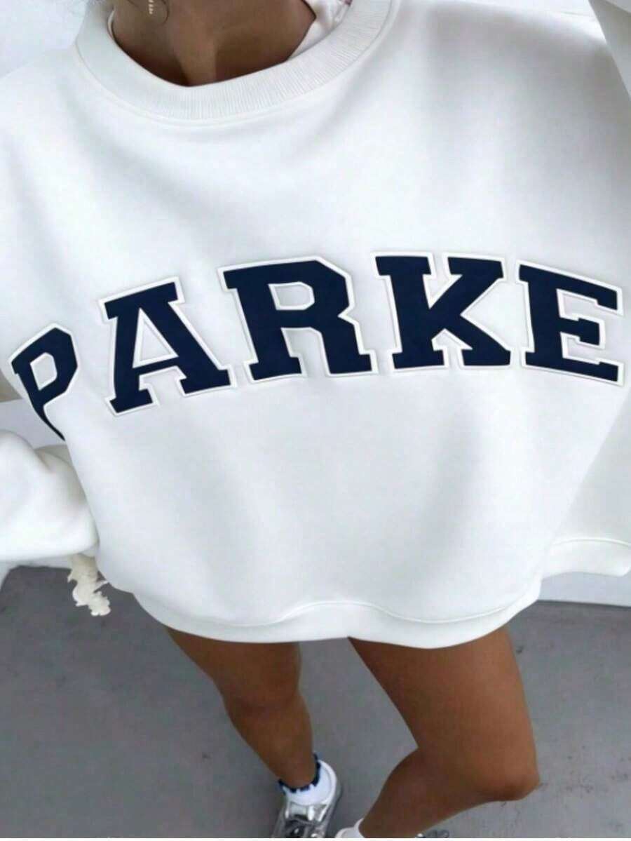 Autumn/Fall And Winter Bestseller 1 Pcs2026 Unisex Casual "PARKE" Letter Print Loose Pullover Sweatshirt, Encountering Lazy Fashion.Casual Daily Wear,Winter Clothes For Women,Clothes,Hoodie,Tops,Spring Break,Long Sleeve Tops Women - trắng - Xem 1