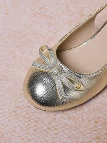 1 Pair New Girls' PU Crystal Rhinestone Shiny Bow Backstrap High Heel Sandals, Suitable For Princess, Dresses, Stage, Wedding, Festivals And Daily Wear, Spring/Summer - Gold - View 7