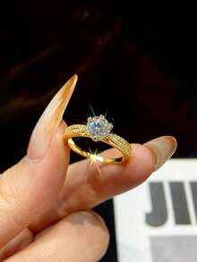 1枚S925纯银浪漫六爪星光皇后莫桑石戒指，1克拉，女士结婚订婚周年纪念戒指，派对首饰，情人节礼物 - 金色 - 查看 1