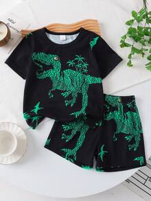 Set de 2 piezas de camiseta de cuello redondo y pantalones cortos con estampado de dinosaurio para niño pequeño, informal para vacaciones de verano y escuela, 4-7 años - Negro - Ver 2
