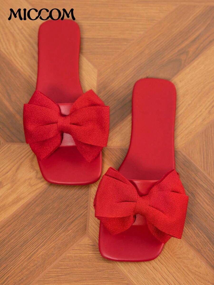 Women's Fashion Square Toe Flat Sandals, Versatile Ladies Summer Spring Slide Slippers, Non-Slip Beach Flip Flops - Red - View 1