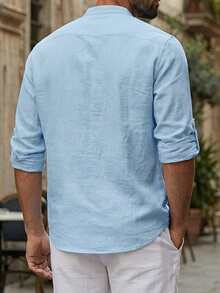 男士長袖襯衫,胸前繡花設計 - 藍色 - 查看 2