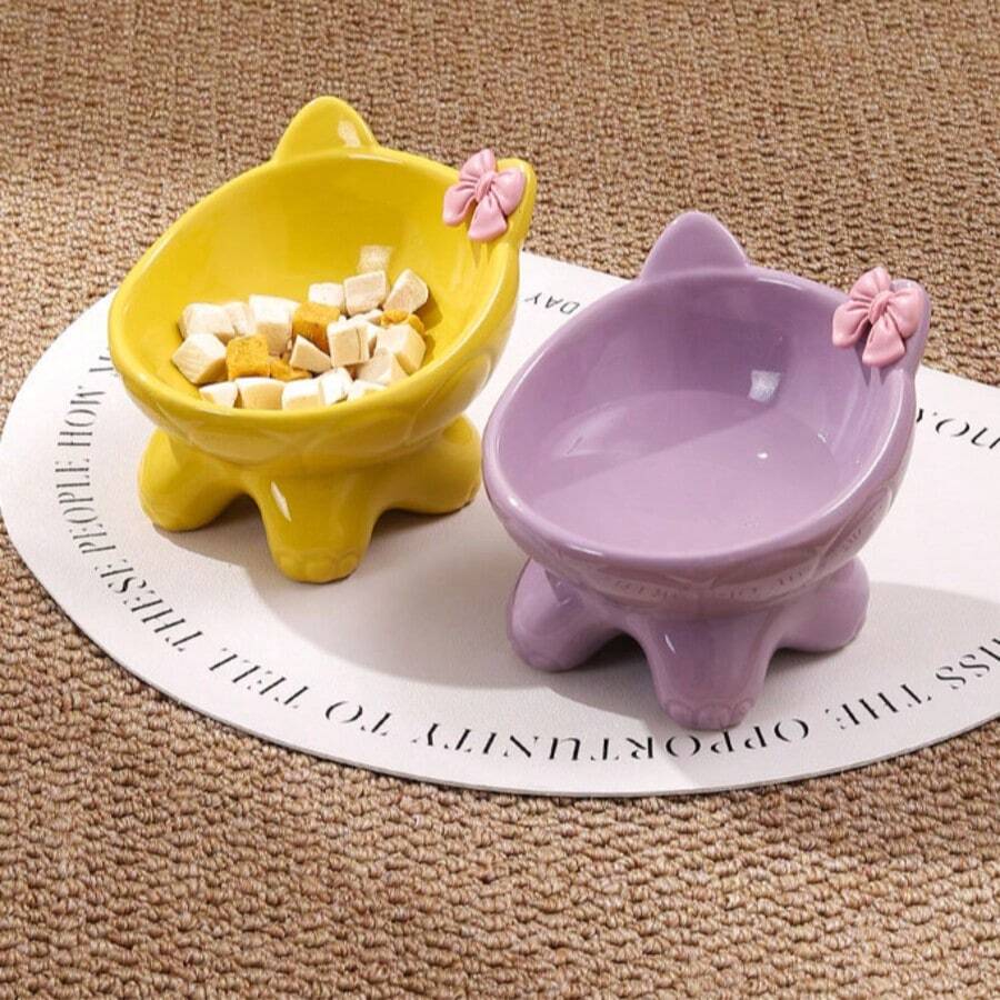 带蝴蝶结的陶瓷猫粮碗，可爱小猫碗，防呕吐，缓解胡须疲劳 - 180毫升 - 查看 1