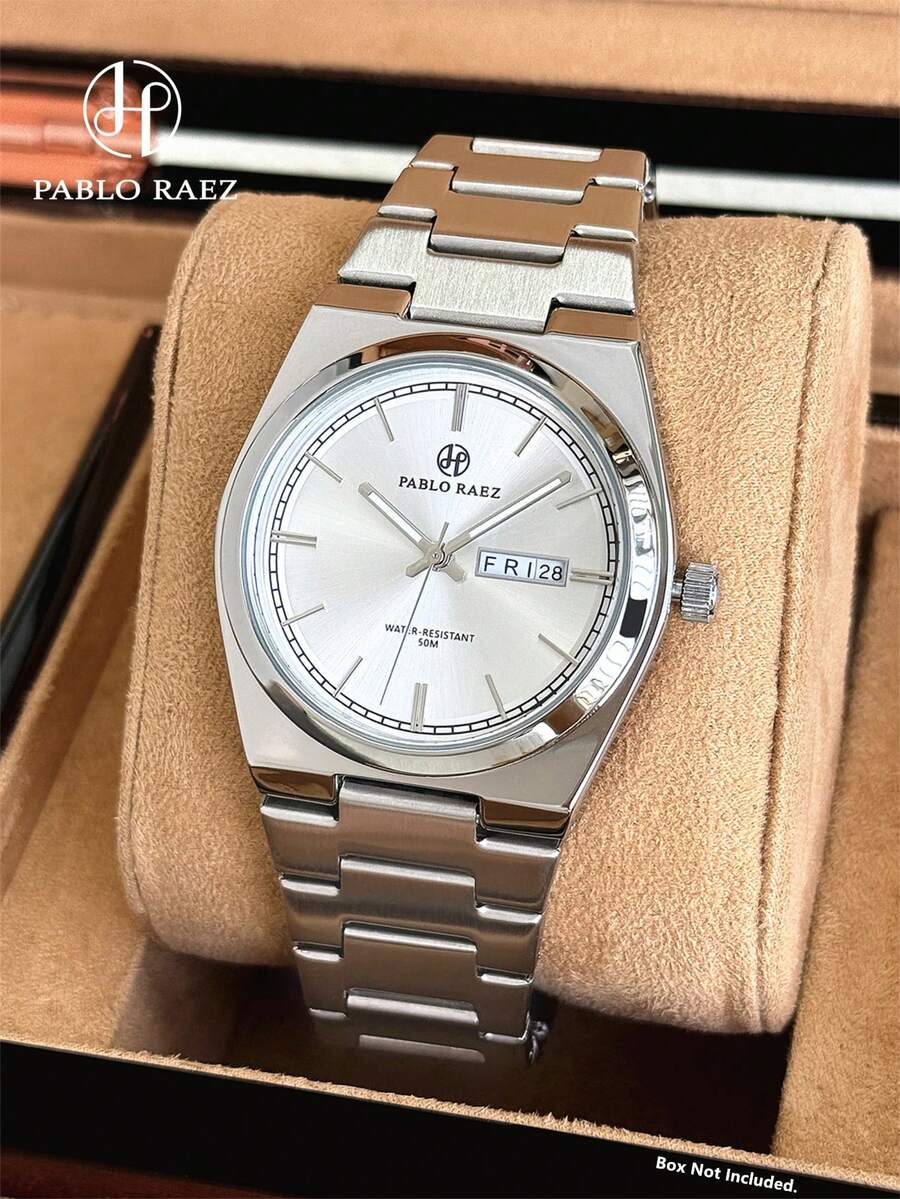 Pablo Raez 男士商务腕表，知名品牌，全新奢华男士腕表，不锈钢表链，银色不锈钢材质，不易褪色，50米防水，日历和星期显示，石英表，男士休闲时尚，夜光指针，真实刻度，高品质AAA级腕表，适合日常佩戴，教师节礼物，父亲节礼物，男性朋友礼物，毕业典礼礼物，结婚礼物