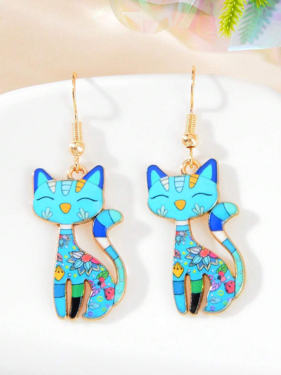 1对趣味花朵装饰蓝色珐琅动物猫咪吊坠耳环，适合派对、日常佩戴、节日佩戴，女士饰品 - 彩色 - 查看 1