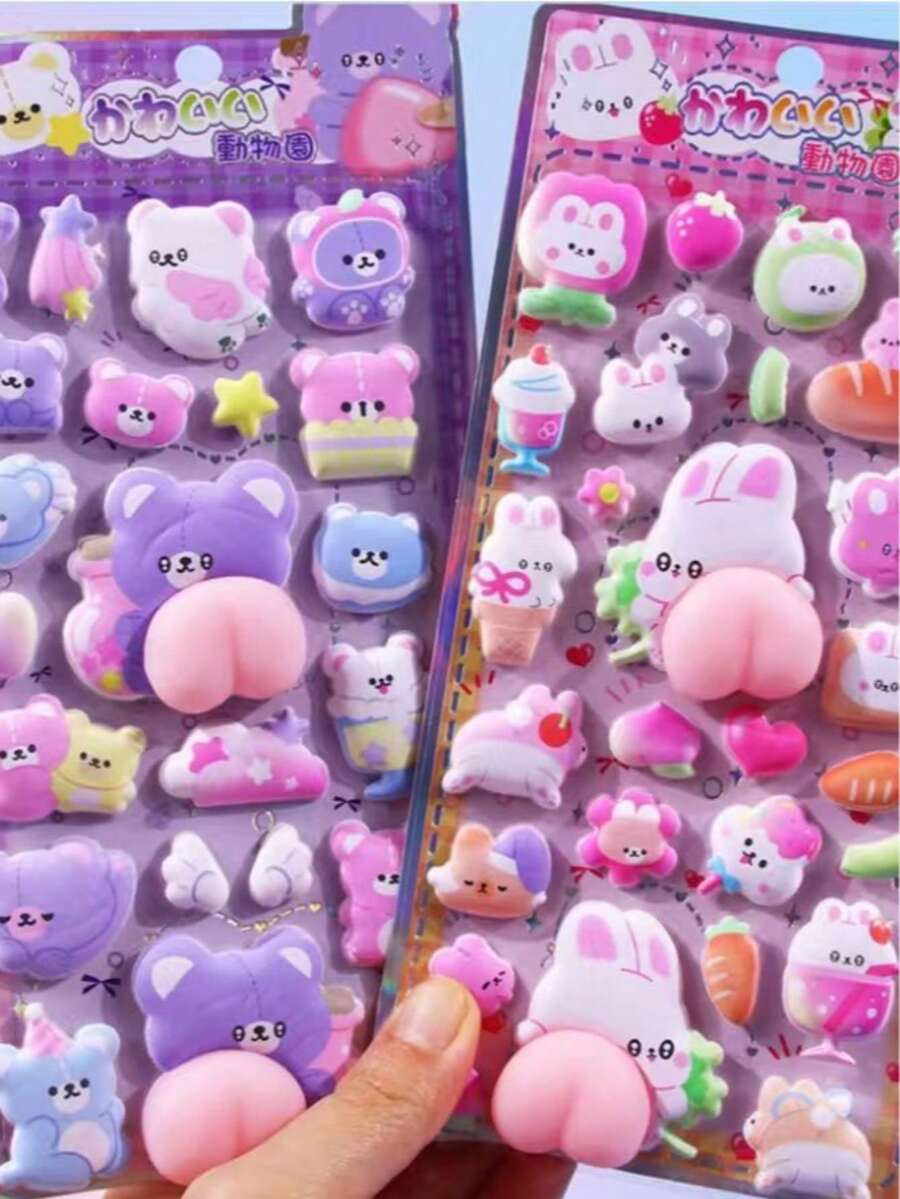 1pc Random Squeezy Sticker 3D Stereo Children Sticker Cute Cartoon Animal Educational DIY Decorative Phone Sticker