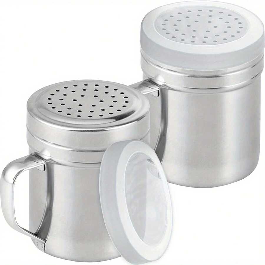 2pcs Premium Stainless Steel Dredge Shaker Set -Powdered Sugar Shakers With Handle & Dual Lids, Fine Mesh Holes For Flour, Cocoa & Spice, Dishwasher Kitchen Tool - Silver - View 1