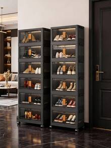 1 pièce Armoire de rangement pliable 40/50/60 cm, organisateur de rangement en plastique à 1-5 niveaux avec portes doubles et roulettes, meuble de rangement multicouche pour jouets et collations pour le salon, armoire de rangement pour vêtements, étagère anti-poussière pour la maison, étagère de rangement, boîte de rangement, contenant en plastique, bouteille d'huile, accessoires de rangement de cuisine, porte-tasses, 1 bouteille d'huile, porte-cuillères, étagère de rangement de cuisine - Noir transparent - Voir 6