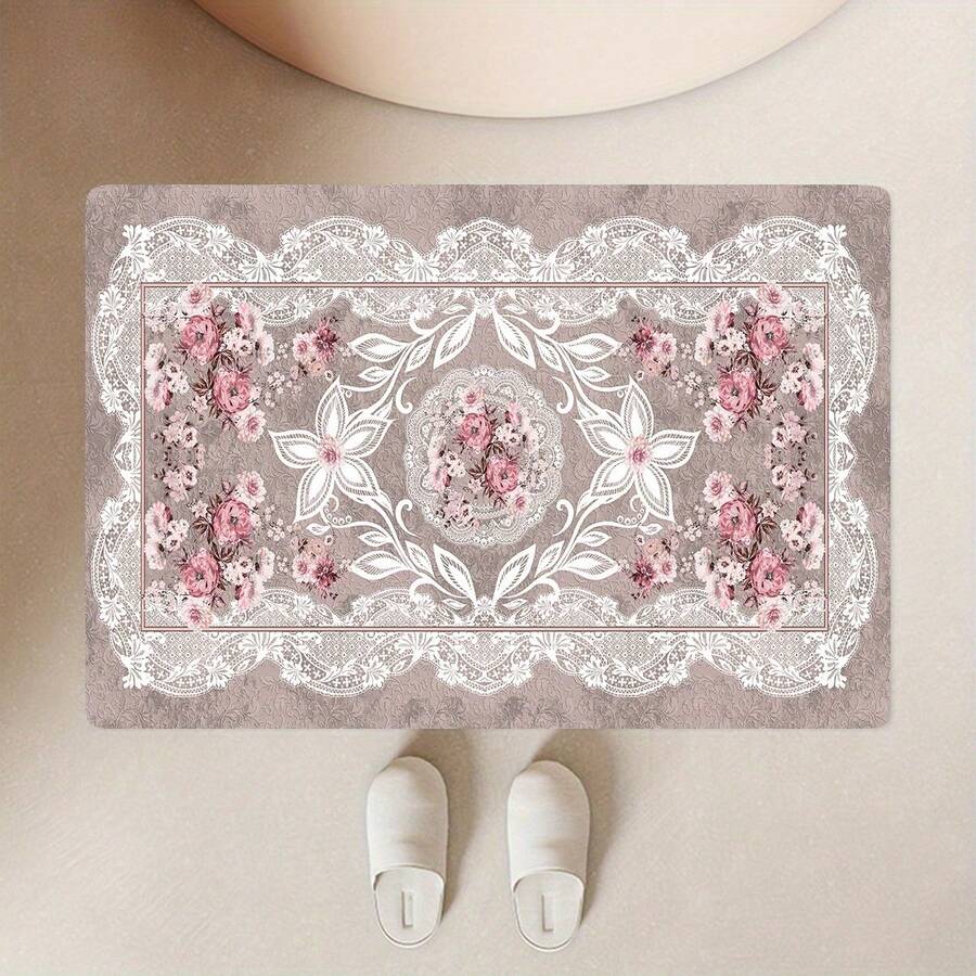Vintage Pink Floral Pattern Non-Slip Bath Mat - Imitation Material Rectangular Floor Mat, Absorbent And Non-Slip, Suitable For Bedroom, Bathroom, Toilet, Kitchen Entrance, Etc. Home Decoration, Four Seasons Universal Mode, Not Only Is Suitable For The Festival Of Non-Slip Floor Mats, But Also As A Housewarming Gift Wedding Gift To Friends And Family As Well As Their Own Home, Rectangular Entrance Carpet For Indoor/Outdoor Use, Non Slip Backing, Bathroom Mat, Interior Decorative Door Mat, Decorative Floor Mat For Porch/Garden/Terrace, Suitable For Homes, Gardens, And Living Spaces, Ideal Gift For Loved Ones, Enhances Entryway, Living Room, Kitchen Decor, Valentines, Christmas Day, Halloween, Thanksgiving Day, Easter Day, Mother's Day, Father's Day, Back To School Season Decorations - Kiểu 6 - Xem 1