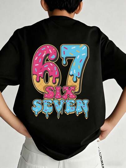 Camiseta de cuello redondo de manga corta con estampado gráfico informal para niño preadolescente, top de verano