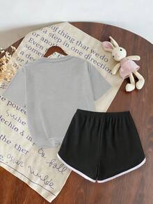 2pcs/Set Cherry Print Casual Fashion Creative T-Shirt + Shorts Set For Teenage Girls, Summer Holiday - Grey - View 4