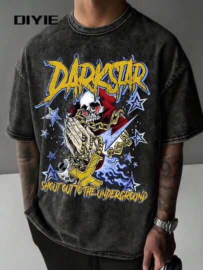 DIYIE 男士复古水洗短袖T恤 男士青春街头骷髅印花短袖T恤 男士春夏Y2K短袖T恤