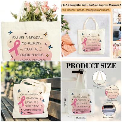 Bolsa de tela para mujer con diseño de cáncer, bolsa de lona para concienciación sobre el cáncer de mama, regalos para mujeres pacientes de quimioterapia y supervivientes de cáncer