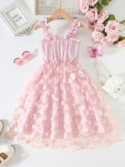 Girls' Fashionable Sleeveless Casual Dress, Paired With Layered Mesh Accents, 3D Floral Decor, Ruffle Trim Design, Suitable For Summer Vacation, Party, Casual Wear, Back To School