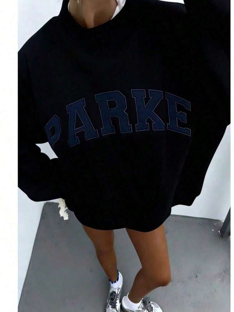 Autumn/Fall And Winter Bestseller 1 Pcs2026 Unisex Casual "PARKE" Letter Print Loose Pullover Sweatshirt, Encountering Lazy Fashion.Casual Daily Wear,Winter Clothes For Women,Clothes,Hoodie,Tops,Spring Break,Long Sleeve Tops Women - Black - View 6