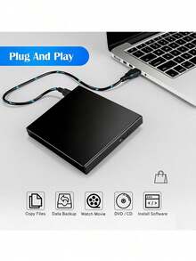 1 pieza Lector externo portátil de CD/DVD, compatible con portátiles y ordenadores de sobremesa, diseño compacto y portátil, lector de alta velocidad para portátiles, oficina, lector de DVD/CD, compatible con sistema operativo Windows, sin necesidad de batería, sin función de grabación, no puede leer DVDs en blanco - Negro - Ver 2