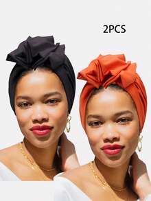 2pcs Women's Bowknot Pleated Solid Color Elastic Headband Hats, Polyester Fiber Headscarf Hats Suitable For Daily Use - Black/Orange - View 3