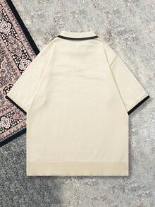 Men's Knitted Polo Shirt, Turn-Down Collar, Short Sleeve, Loose Fit, Vintage Casual, Color Block Black Trim, Lightweight Summer Knit Top - Apricot - View 7
