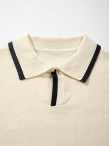 Men's Knitted Polo Shirt, Turn-Down Collar, Short Sleeve, Loose Fit, Vintage Casual, Color Block Black Trim, Lightweight Summer Knit Top - Apricot - View 8