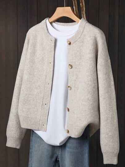 Cárdigan beige talla grande para mujer, chaqueta de suéter de manga larga suave con diseño de botones delanteros, adecuado para uso casual y formal en otoño/invierno, ropa exterior cómoda y gruesa, material de fibra, ajuste relajado, tela elástica, uso diario de mujer