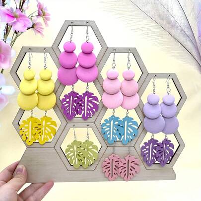 10 Pairs/Set Colorful Wooden Cut Earrings, Bohemian Style Unique Charm Women Earrings, Elegant High-End, Multi-Layer Circle And Leaf Design, Fashion Personalized Choice