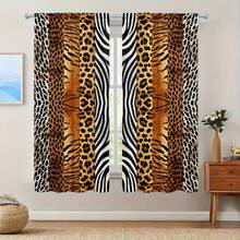 2 piezas Cortinas de dormitorio con estampado de leopardo, tigre y cebra en patchwork semitransparente, diseño de bolsillo para barra sin taladro, colgado con bolsillo para barra, estilo de lujo ligero para cortinas de sala de estar, cortinas de cocina, adecuado para decoración del hogar, decoración de habitación, decoración de casa, material de poliéster, lavable a máquina y a mano - 2pcs - Ver 2